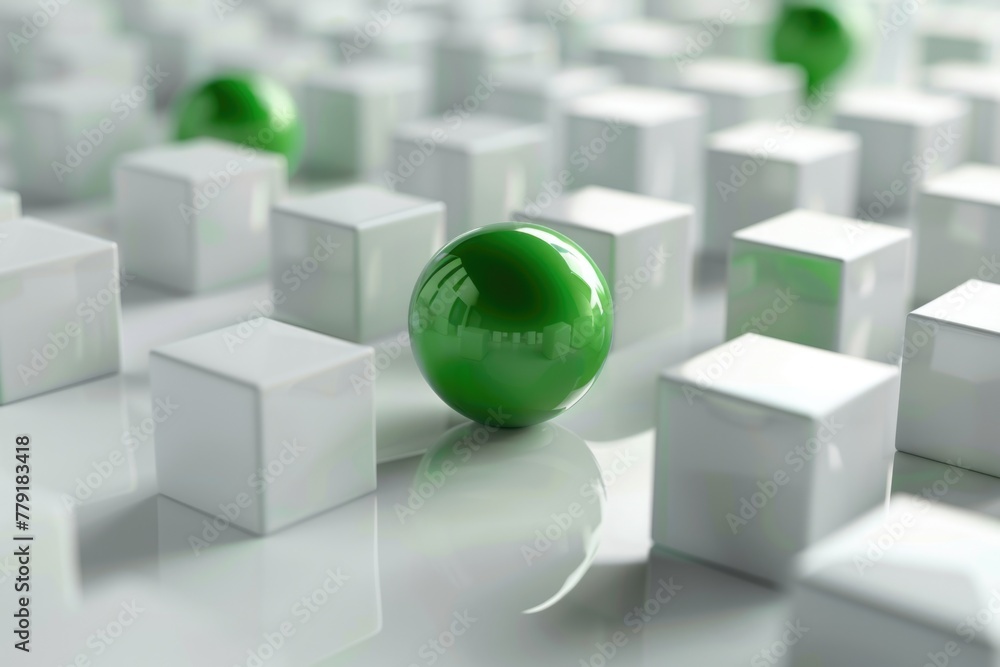 Poster a green ball surrounded by white cubes. suitable for various design projects