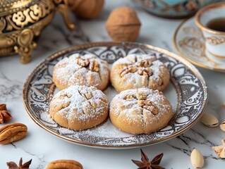 Arabic sweets. Traditional eid semolina maamoul or mamoul cookies with dates , walnuts and pistachio nuts