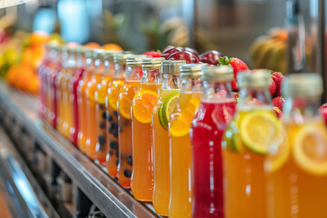 bottles of fresh juice with pieces of different fruits in them on a supermarket shelf