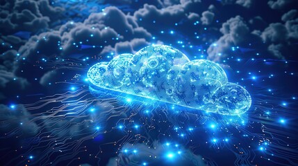 A cloud computing concept represented by a cloud icon with digital rain and square bits and neon lines. A computer network connects to the cloud storage and exchanges data with it