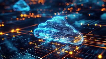 A cloud computing concept represented by a cloud icon with digital rain and square bits and neon lines. A computer network connects to the cloud storage and exchanges data with it