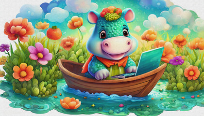 Fototapeta na wymiar oil painting style CARTOON CHARACTER CUTE baby hippo game of lap top