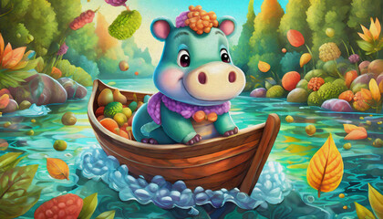 Fototapeta premium oil painting style CARTOON CHARACTER CUTE baby hippo in a boat on the lake