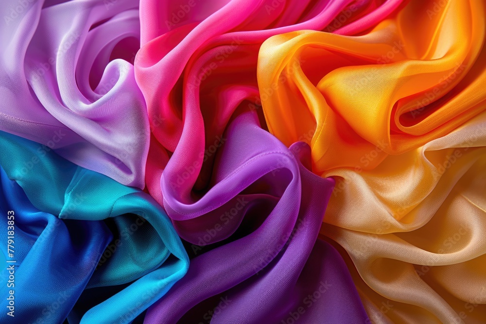 Poster close up view of various colored fabric, perfect for textile background