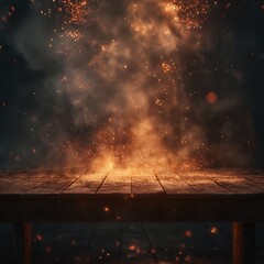 Wooden table with fire and smoke background. 