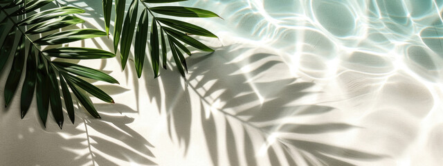 top view of water surface with tropical leaf shadow