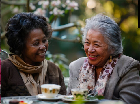 Stunning high resolution photos of mature multi-ethnic women drinking coffee and desserts together in the courtyard. Friends