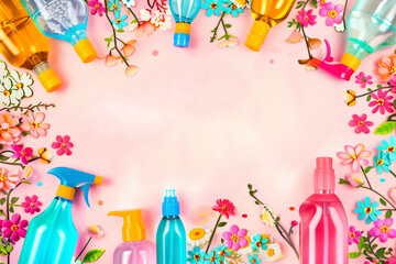 Set of cleaning products on pink background. Space for text. Cleaning service in spring - 779184203