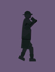 A man in a black shirt and shorts is walking and drinking from a cup