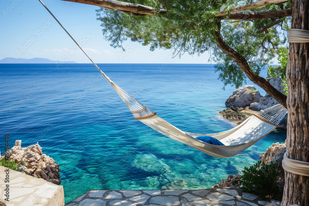 Wall mural mediterranean summer shore, vacation leisure setting near turquoise shore (1)