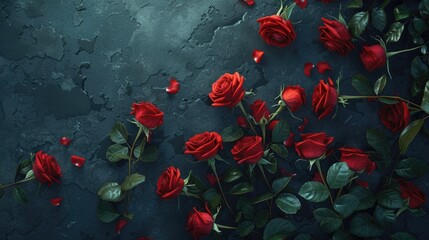 A bunch of vibrant red roses on a dark background. Suitable for various occasions and events