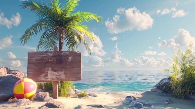 Wooden signboard on the beach with palm tree.