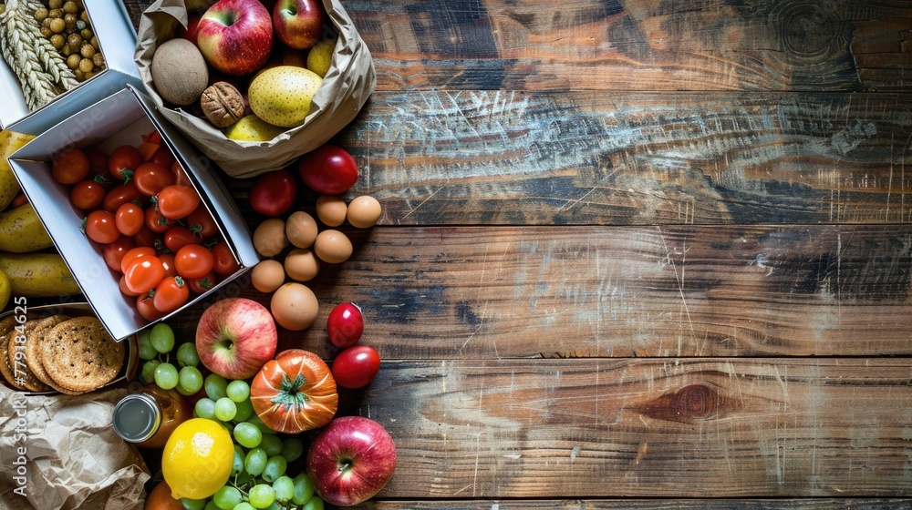 Poster a variety of fresh fruits and vegetables displayed on a rustic wooden table. ideal for healthy eatin