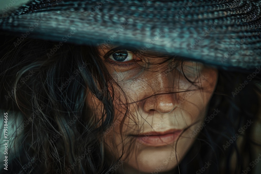 Poster close up of a person wearing a hat, suitable for various projects