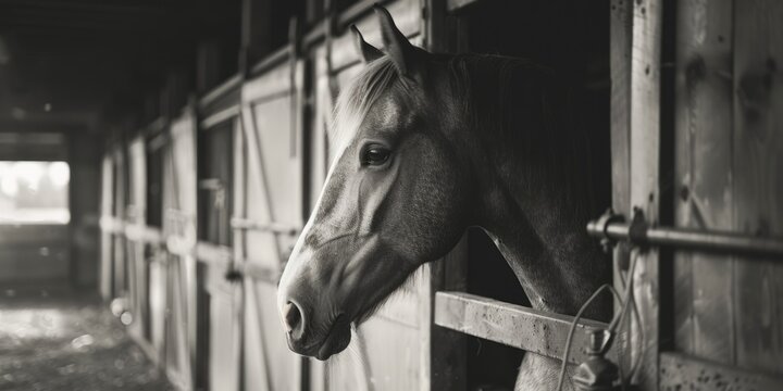 A black and white photo of a horse in a stable. Suitable for equestrian and animal themes