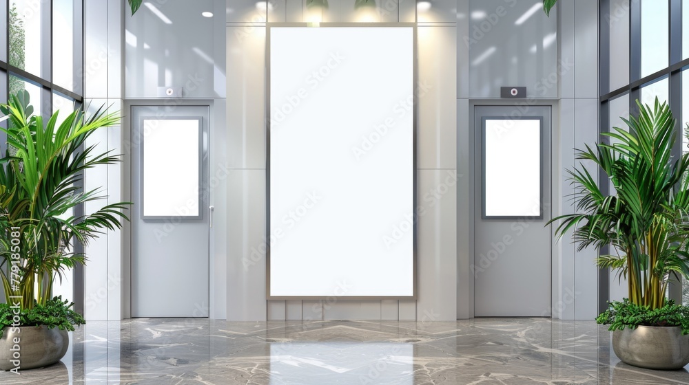 Poster An empty lobby with two planters on the floor. Suitable for interior design concepts