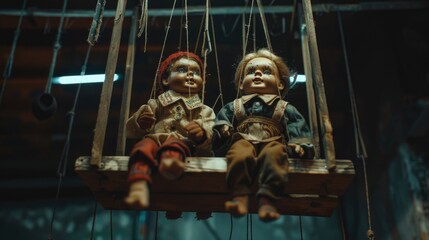 Two dolls sitting on a wooden swing, perfect for illustrating childhood memories or nostalgia - obrazy, fototapety, plakaty