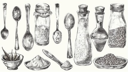 A detailed drawing of spoons, salt, and other kitchen utensils. Perfect for culinary and cooking concepts