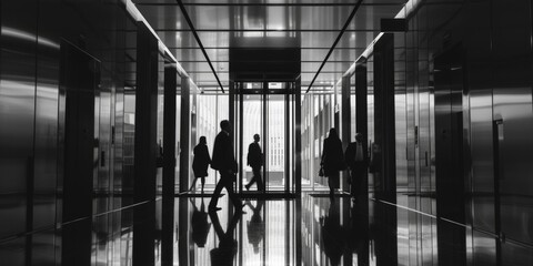 A black and white photograph of people walking in an elevator. Suitable for business or urban lifestyle concepts