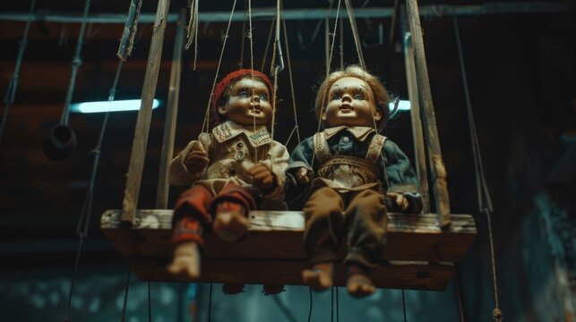 Two dolls sitting on a wooden swing, perfect for illustrating childhood memories or nostalgia