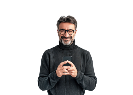 Smiling Man Holding Phone on Transparent Background - Powered by Adobe