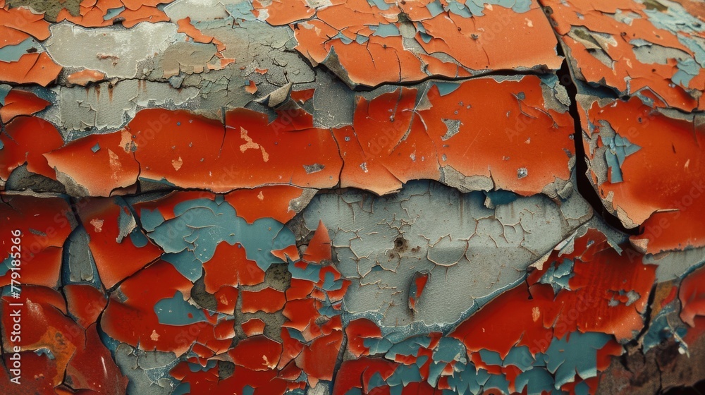 Poster Detailed close up of peeling paint on a wall. Suitable for background or texture use