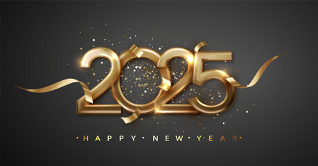 Happy New Year 2025 with elegant typography design template with gold realistic metal number. 2025 New Year celebration for premium
