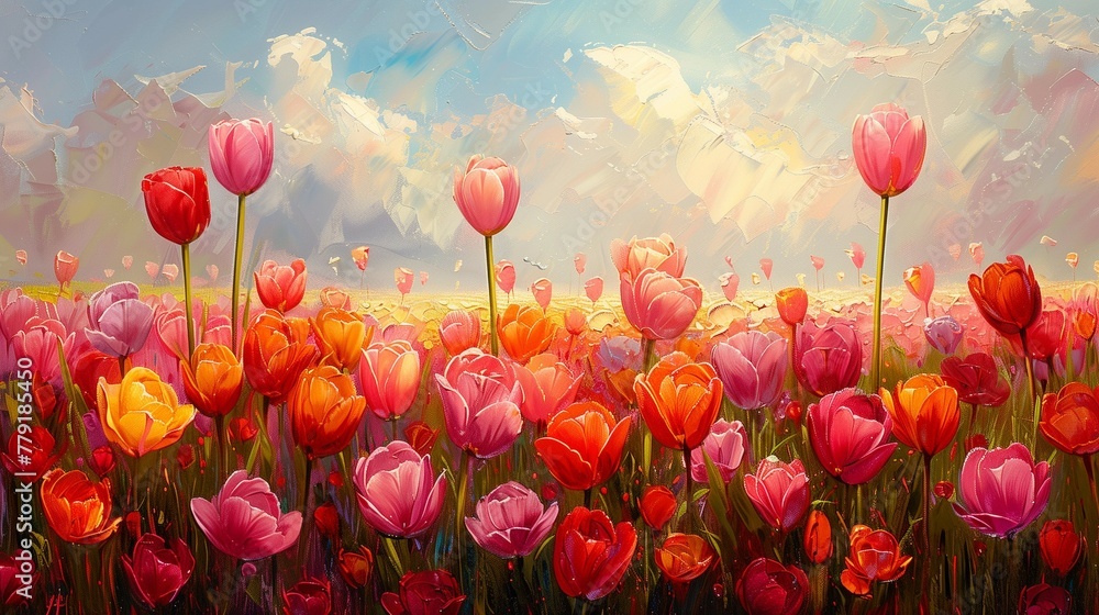 Wall mural Impressionistic Tulip Field Under Sunny Skies, generative ai