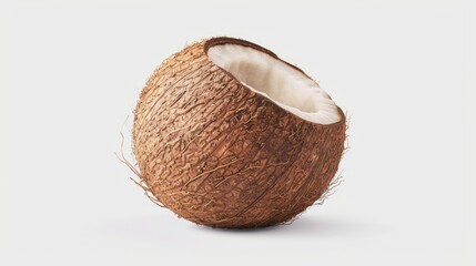 A half eaten coconut on a white surface. Suitable for tropical themes