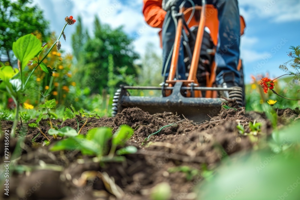 Poster man operating a lawn mower in a garden, suitable for gardening and landscaping concepts