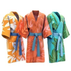 Three vibrant kimono robes on white background. Perfect for fashion or cultural concepts