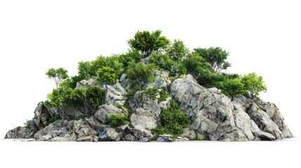A mountain of rocks and trees on a white background. Suitable for nature and outdoor themes