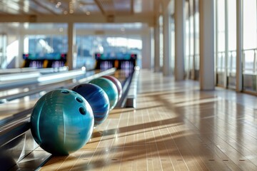 Row of colorful bowling balls on wooden surface. Suitable for sports and leisure concepts - obrazy, fototapety, plakaty