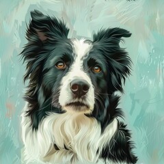 A realistic painting of a black and white dog. Ideal for pet lovers