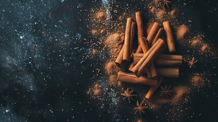 Aromatic cinnamon sticks and star anise on a dark surface, perfect for food and spice concepts - obrazy, fototapety, plakaty