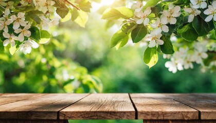 Springtime Oasis: Nature's Beauty Abounds with Blossoming Branches and an Inviting Wooden Table - obrazy, fototapety, plakaty