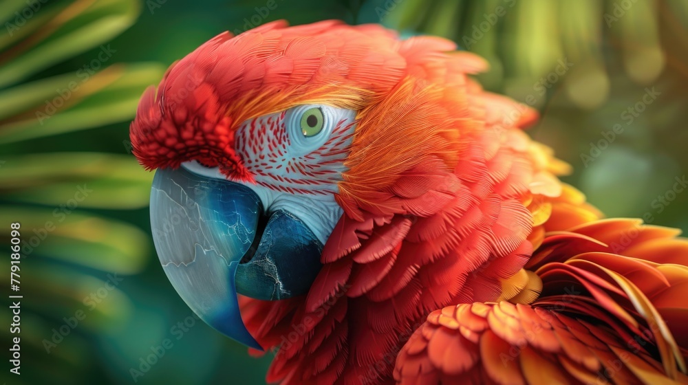 Poster close up of a parrot's face with leaves in the background. suitable for nature and wildlife concepts