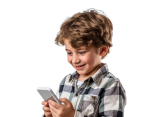 Young Boy Smiling at Phone with Transparency