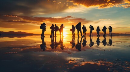 Group of people enjoying beautiful sunset on the beach. Ideal for travel and vacation concepts - obrazy, fototapety, plakaty