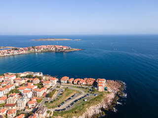 Aerial view of town of Sozopol and Harmanite Beach, Bulgaria