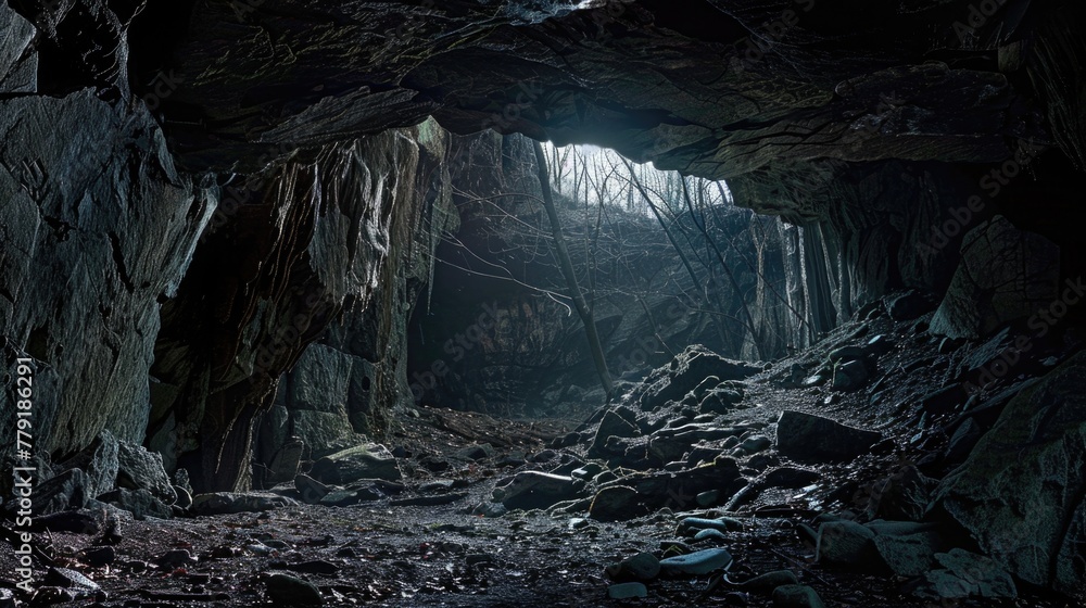 Poster a cave filled with rocks and trees. ideal for nature or adventure concepts