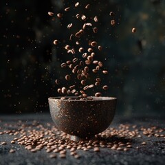 coffee beans falling from a cup on a dark background, in the style of vray, smokey background