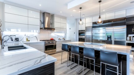 A sleek kitchen featuring a marble counter top and black chairs. Ideal for interior design projects