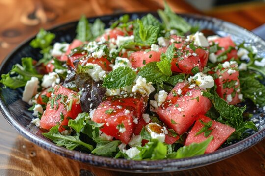 A refreshing salad with watermelon, feta cheese, mint, and a drizzle of honey-lime dressing