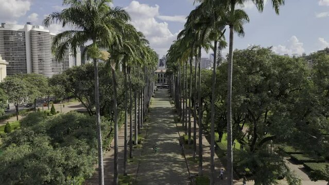 Drone flies through palm trees in Pra&ccedil;a da Liberdade toward the Palacio da Liberdade in downtown Belo Horizonte