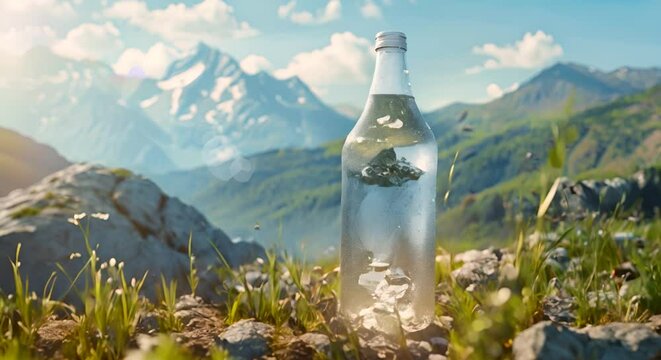 Pure mineral water in a glass bottle. Clean liquid on mountain background 