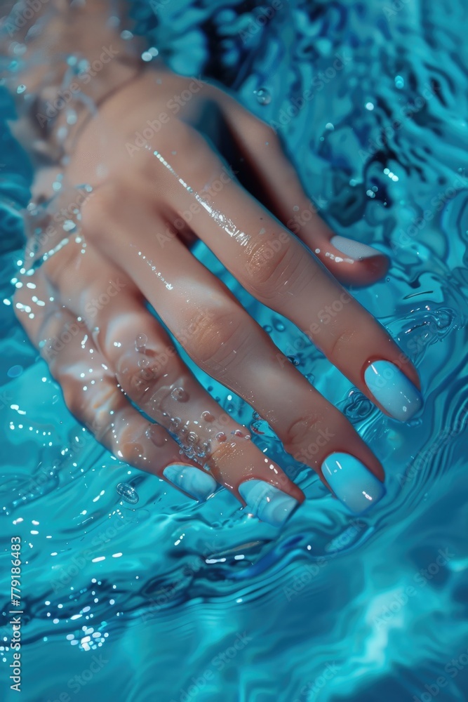 Poster a woman's hand submerged in a pool of water. suitable for spa or relaxation concepts
