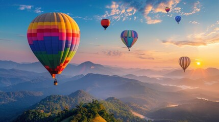 Colorful hot air balloons flying over mountain at Dot Inthanon