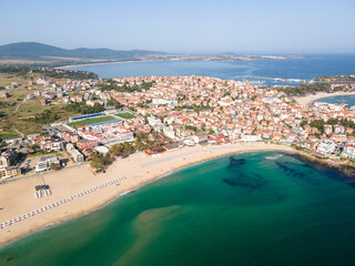 Fototapeta premium Aerial view of town of Sozopol and Harmanite Beach, Bulgaria