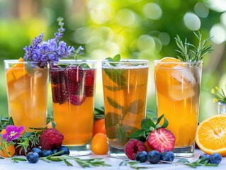 delightful arrangement, glasses of delicious kombucha are showcased, each brimming with effervescence and flavor. Vibrant fruits and herbs garnish the glasses,